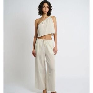ONIA lightweight 100% cotton two-piece set one shoulder top pants beige stone